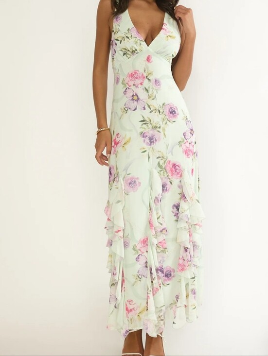 Angel Biba Dresses & Skirts - Mint Green Floral Ruffle Maxi Dress Strappy Back Romantic Garden Party Dress 8